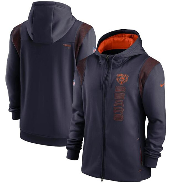 Men's Chicago Bears 2021 Navy Sideline Team Performance Full-Zip Hoodie - Click Image to Close